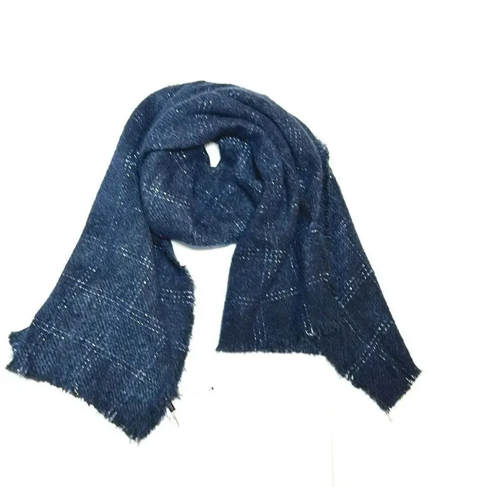 NWT Talbots Blue Wrap Scarf Metallic Windowpane Large Chunky New